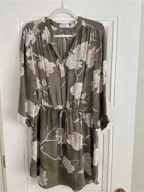 Babaton Olive Green Floral Drawstring Long Sleeve Dress